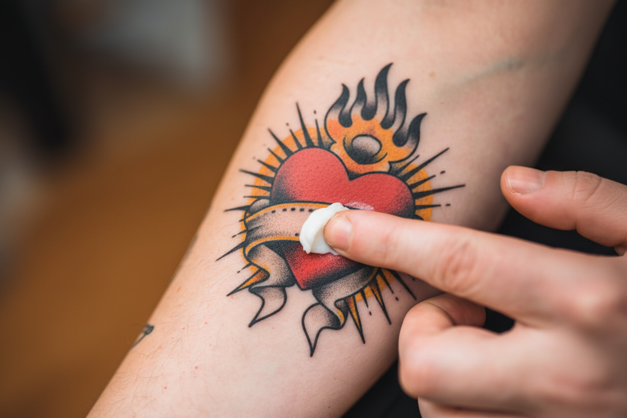 Tattoo of a heart with flames on a person's arm, being cared for sorry mom tattoo butter.
