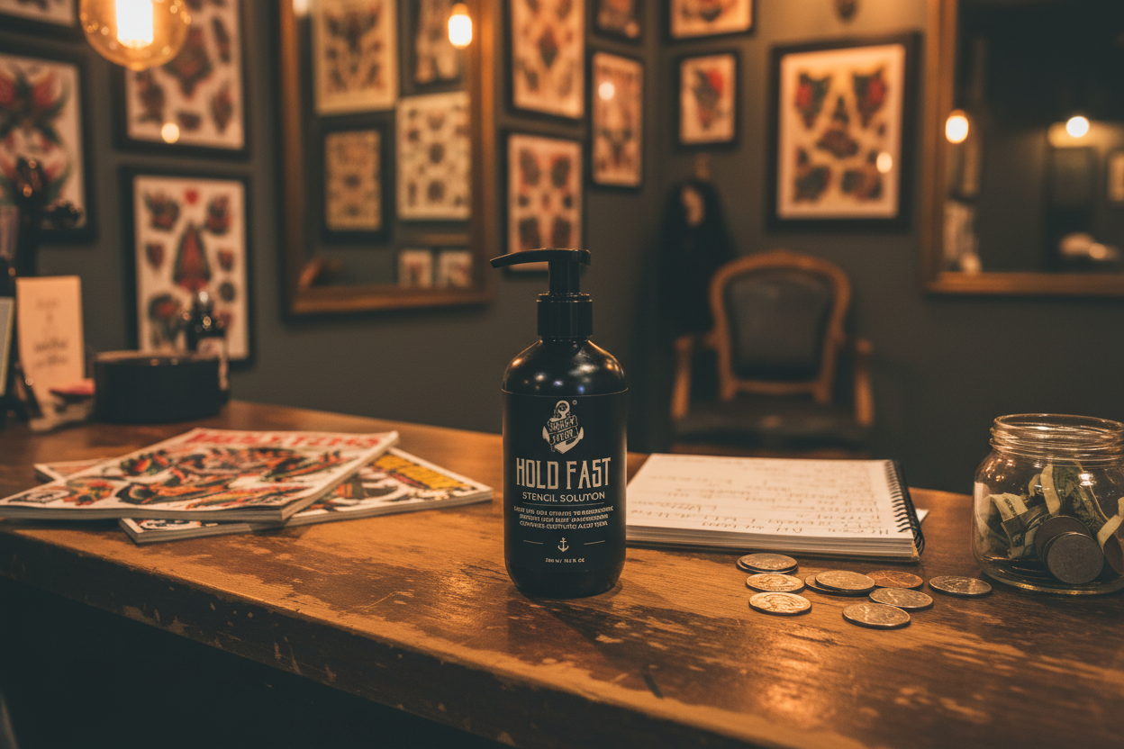 Black bottle labeled 'Hold Fast' on a wooden table with coins and a jar in a dimly lit room.