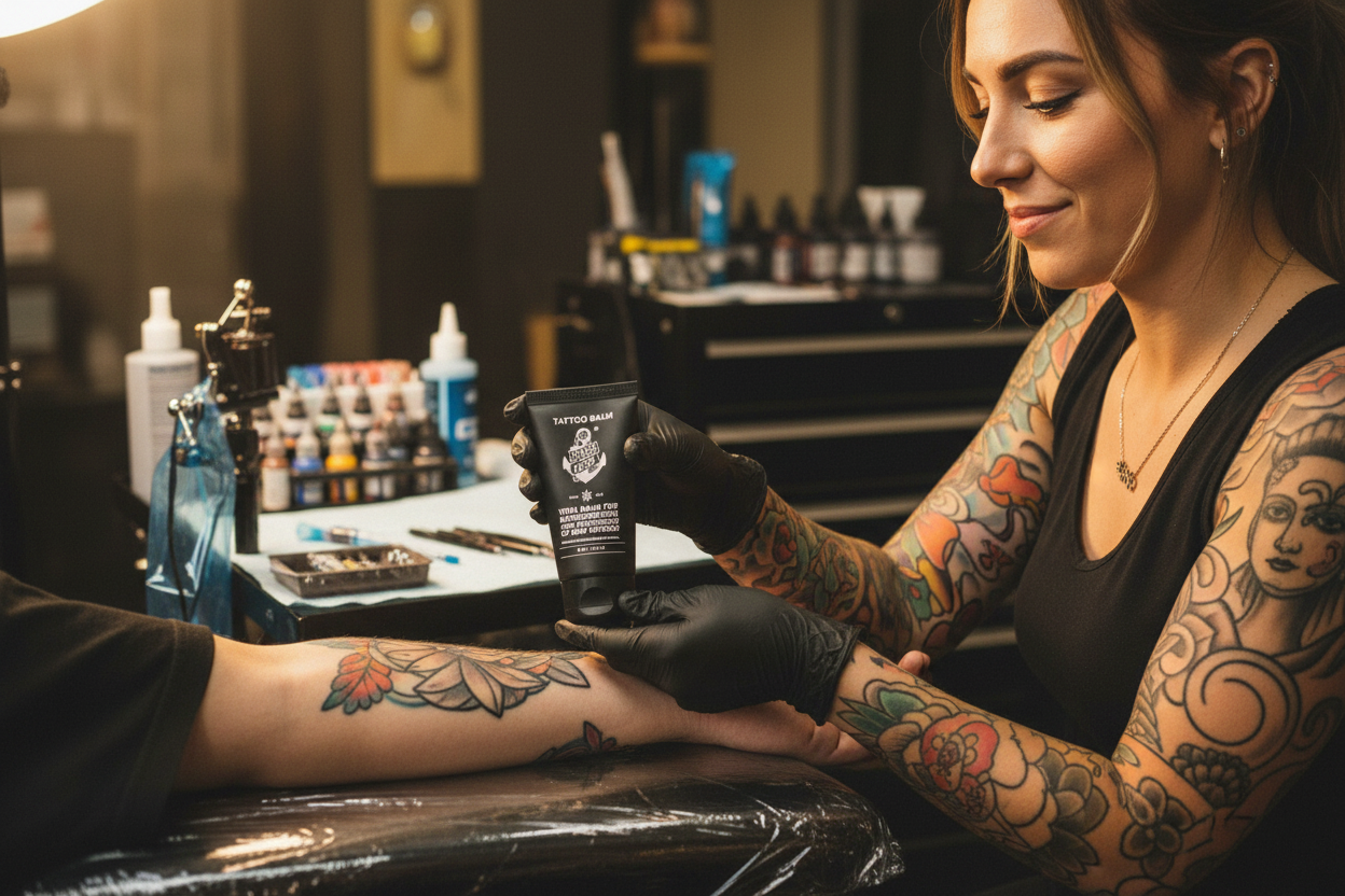 Tattoo artist applying Sorry Mom Balm to a client's arm in a tattoo studio.