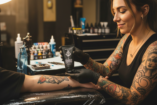 Tattoo artist applying Sorry Mom Balm to a client's arm in a tattoo studio.