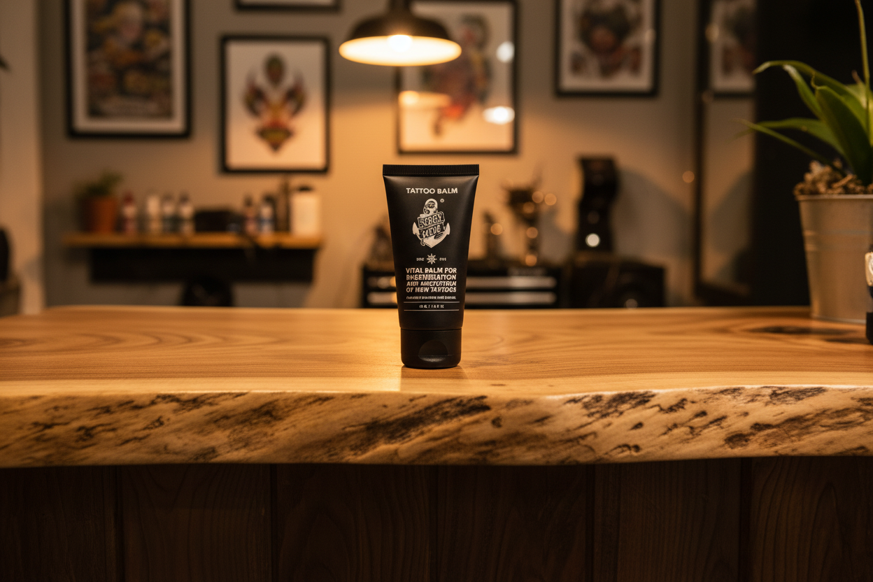 Tube of Sorry Mom tattoo Balm aftercare product on a wooden counter in a barbershop setting